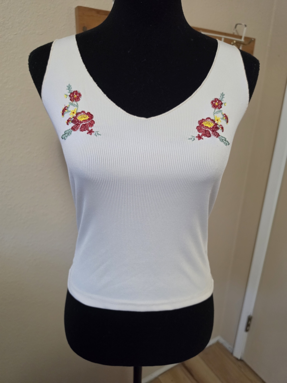 SHEIN White Ribbed Tank with Red & Yellow Floral Embroidery